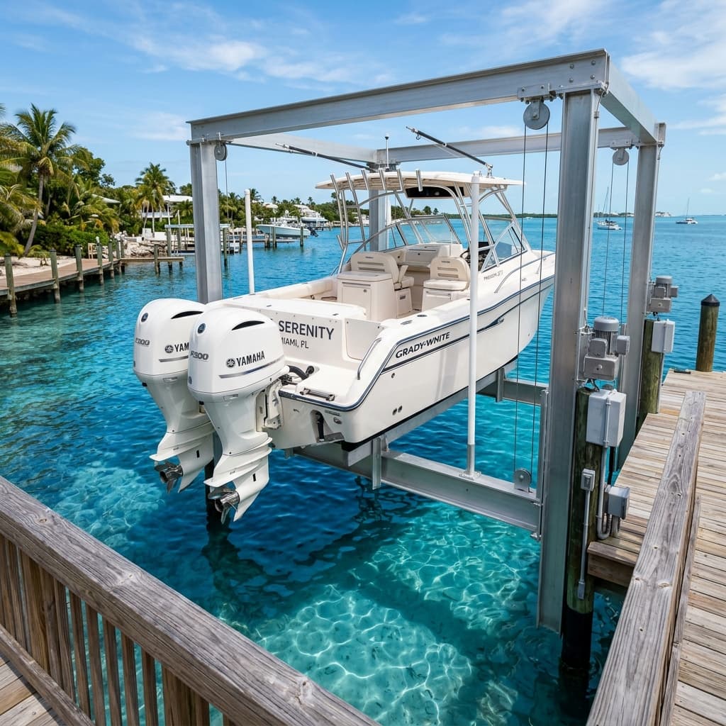 Boat raised on a lift beside a dock